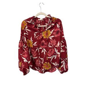 Lovestitch Floral Blouse Size Small Balloon Sleeve Tie Neck Top Red Yellow Boho